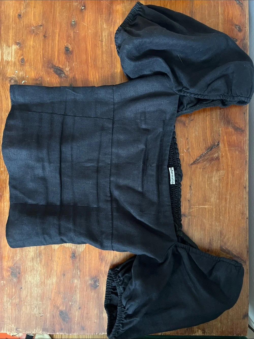 Reformation linen Black Square Neck Puff Sleeve Top